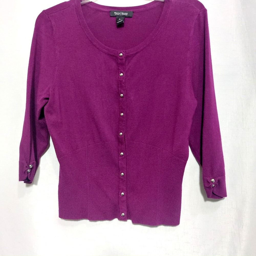White House Black Market Womens L Magenta Cardigan Sweater Silver Snap Buttons